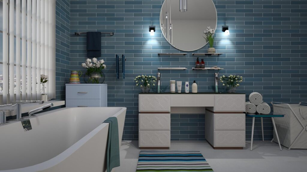 bathroom with blue tile backsplash